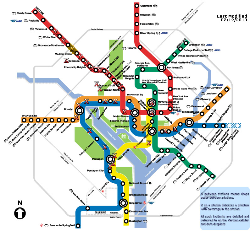 (pre-dating the 'RUSH' peak-hour congestion mitigation program of June 2012) This map indicates stations and tunneling between stations for both Verizon Wireless cellular and/or Verizon Wireless dat


a service interruptions, drops and/or poor coverage. Updated regularly; further details are available at www.wirelessnotes.org.